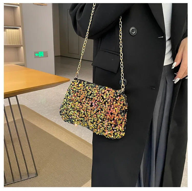 Pailletten Crossbody Kettentasche – Einfarbige Schultertasche, Underarm Bag & Abend Clutch Handtasche für Damen Kaufschwan®