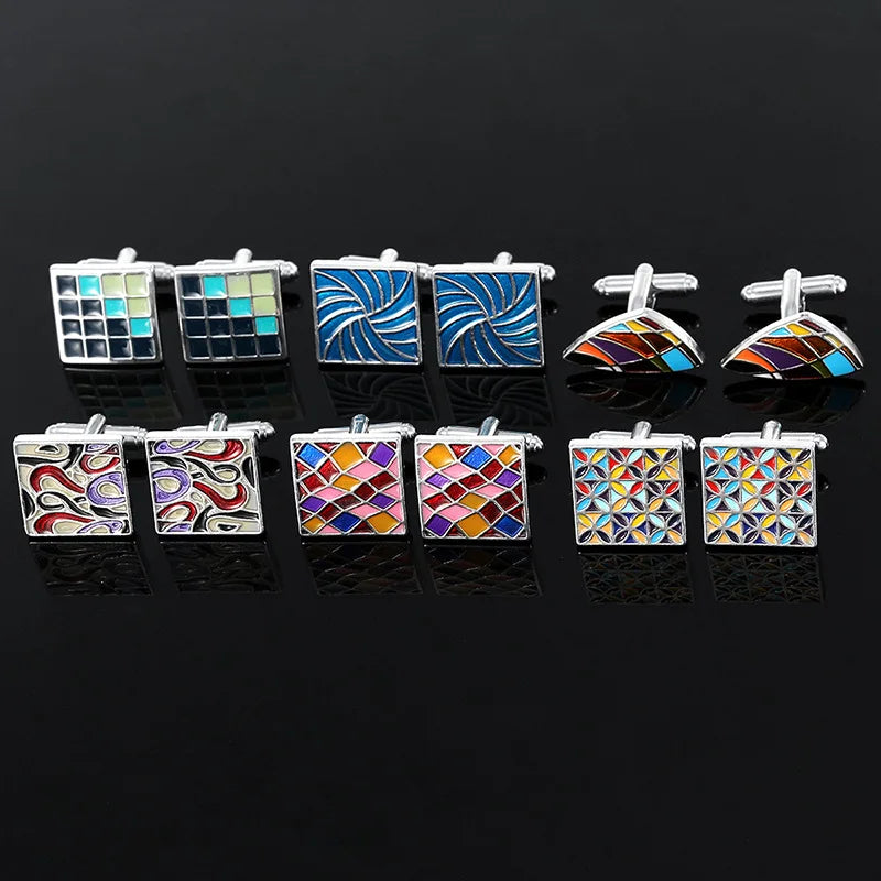 Herren Manschettenknöpfe – Buntes Emaille Quadrat Design | Modische Kariert Bemalte Metallknöpfe für Hemden & Anzüge Kaufschwan®