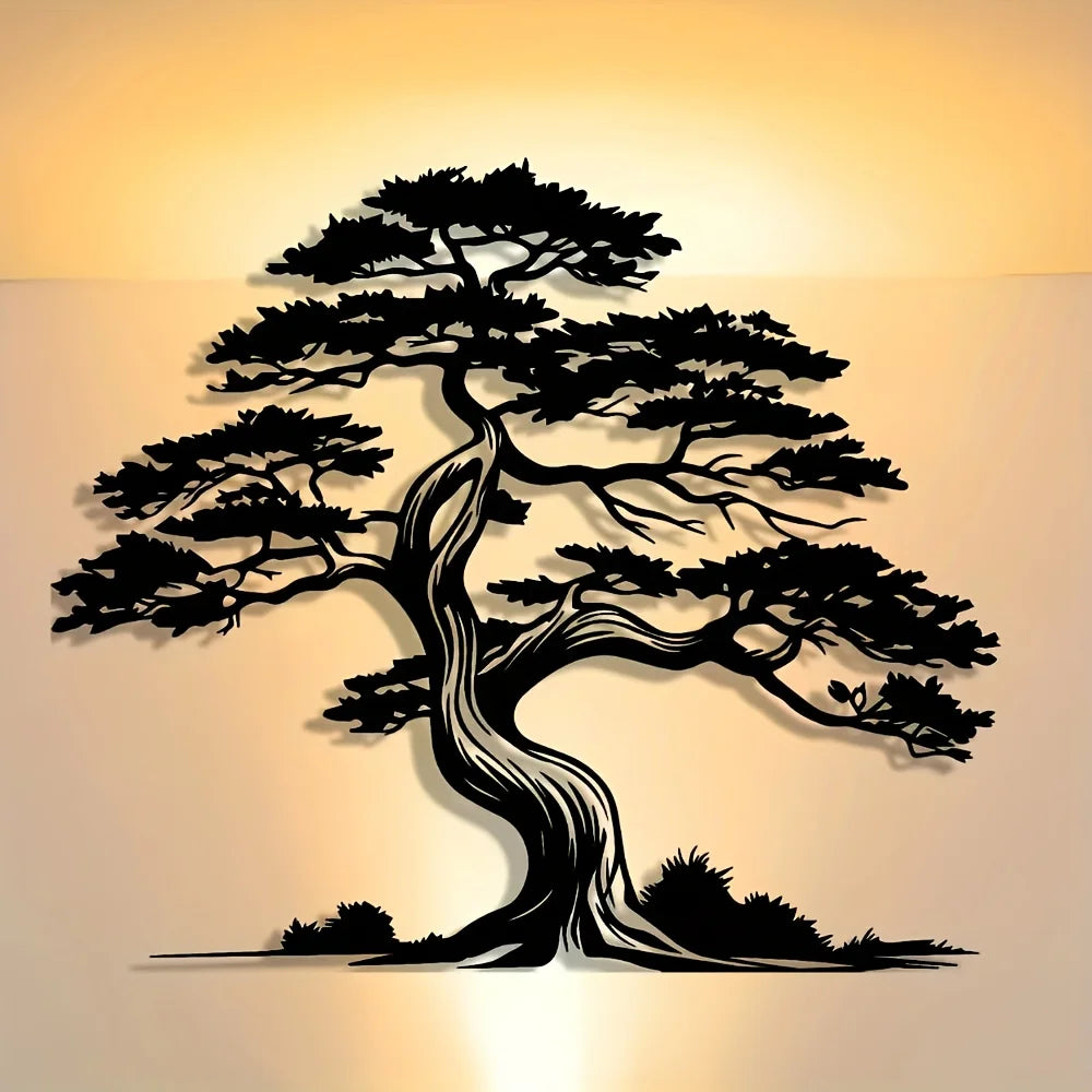 2D Flaches Eisen Kiefernbaum Wandbild – Elegantes Abstraktes Metall Design mit Sonneneffekt