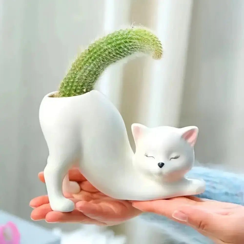 Weißer Katzen Blumentopf – Boho Stil Schlafendes Kätzchen Pflanztopf | Leicht & Langlebig für Innen- & Außenbereich Kaufschwan® Weiß