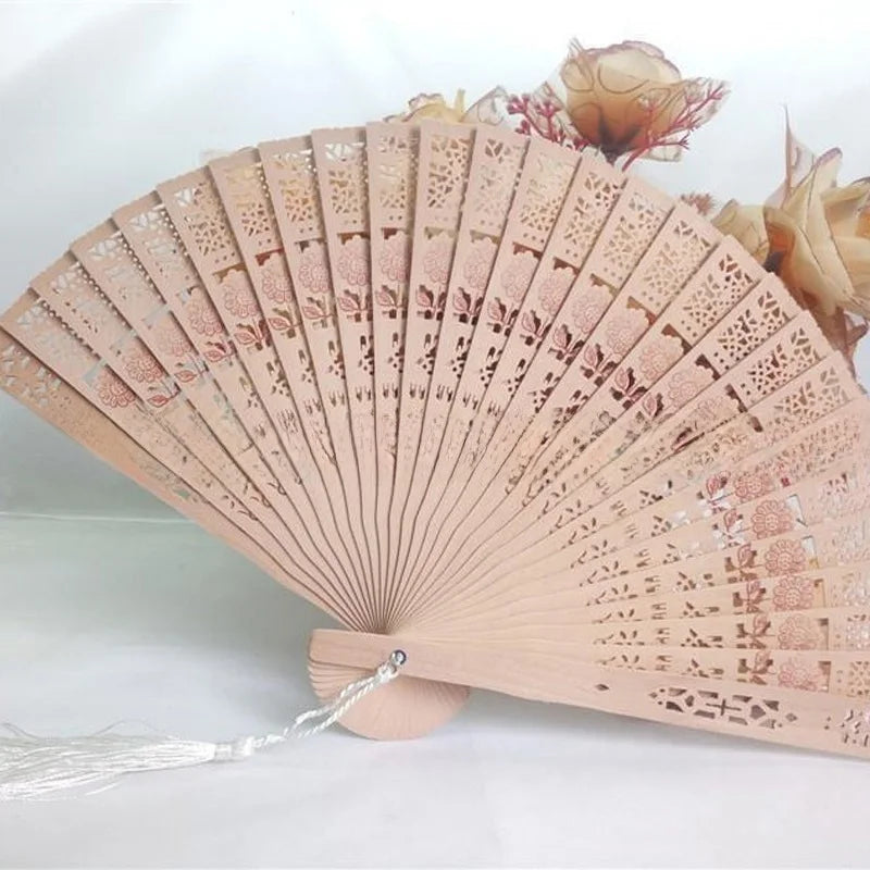 Vintage Hohl geschnitzter Räucherholz Faltfächer | Handgefertigter Bambusfächer | Antikes Kunsthandwerk Kaufschwan® Rosa