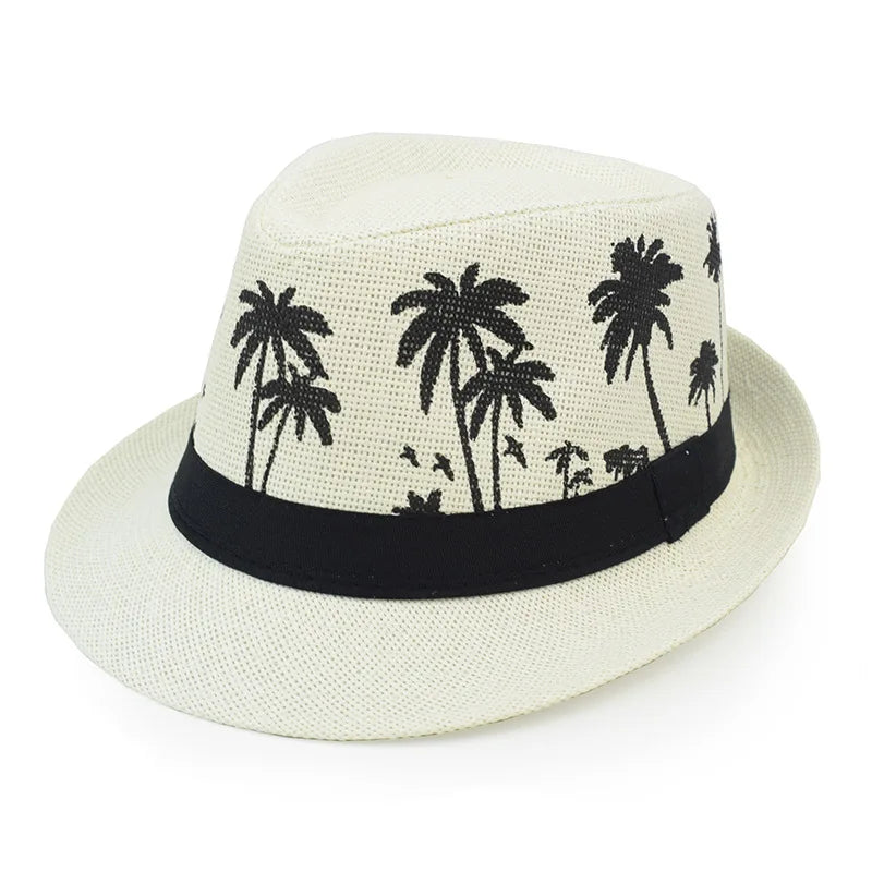 Sommer Strohhut – Herren & Damen, Kokosbaum-Muster, Outdoor Atmungsaktiv, Tropischer Jazz Fedora, Panama Hut Kaufschwan®