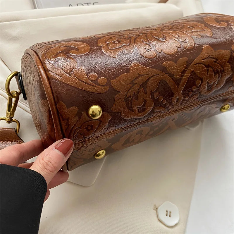 Retro Bestickte Blumen Leder Schultertasche – Klassische Zylinder Crossbody Handtasche für Damen | Alltag, Arbeit & Party Kaufschwan®