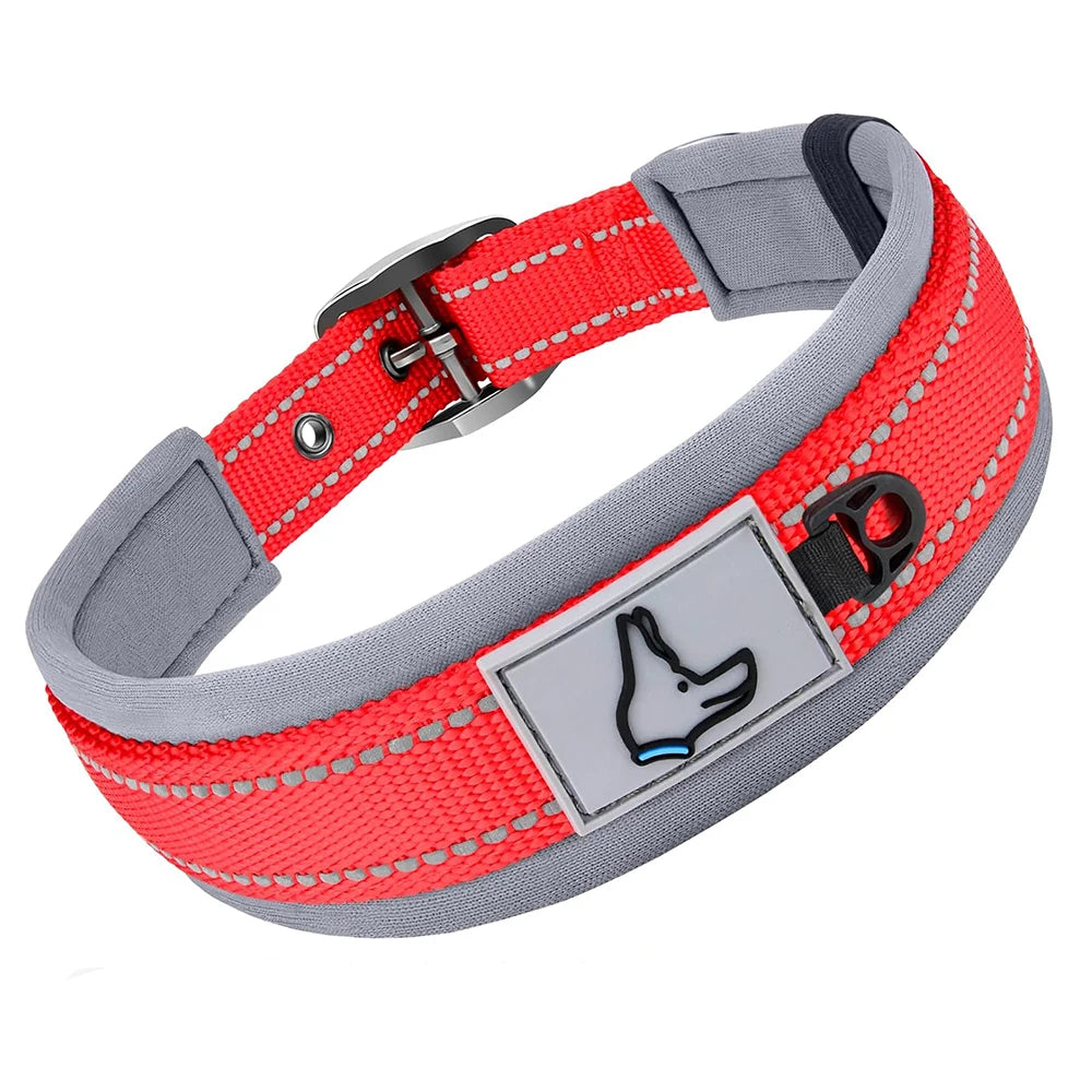 Reflektierendes Gepolstertes Hundehalsband Verstellbar Breit Nylon Neopren für Kleine Mittel Große Hunde Kaufschwan® Rot S