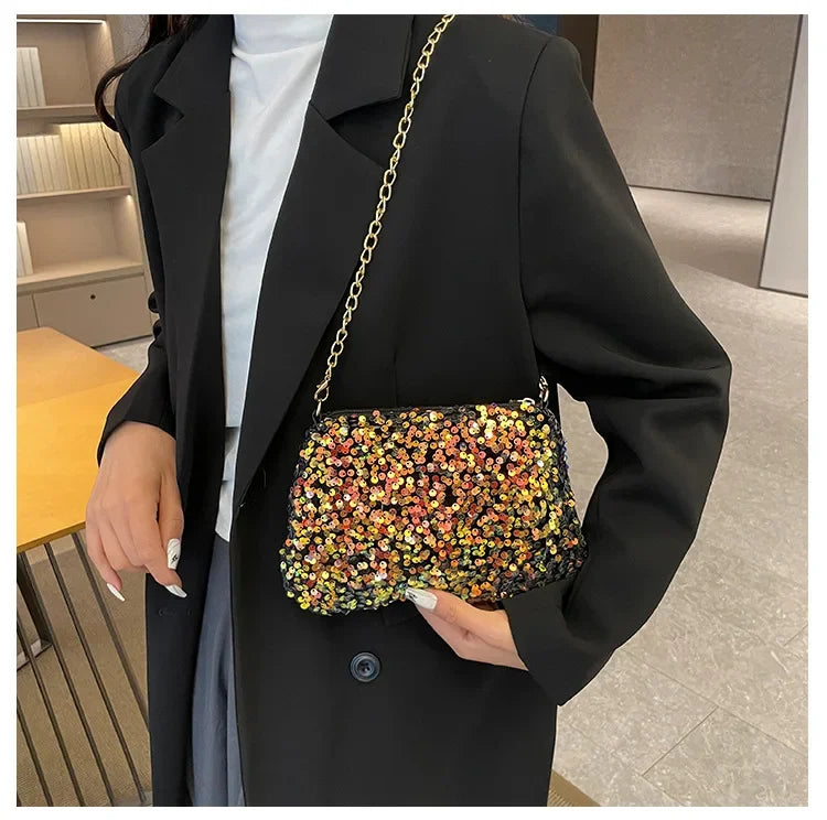 Pailletten Crossbody Kettentasche – Einfarbige Schultertasche, Underarm Bag & Abend Clutch Handtasche für Damen Kaufschwan®