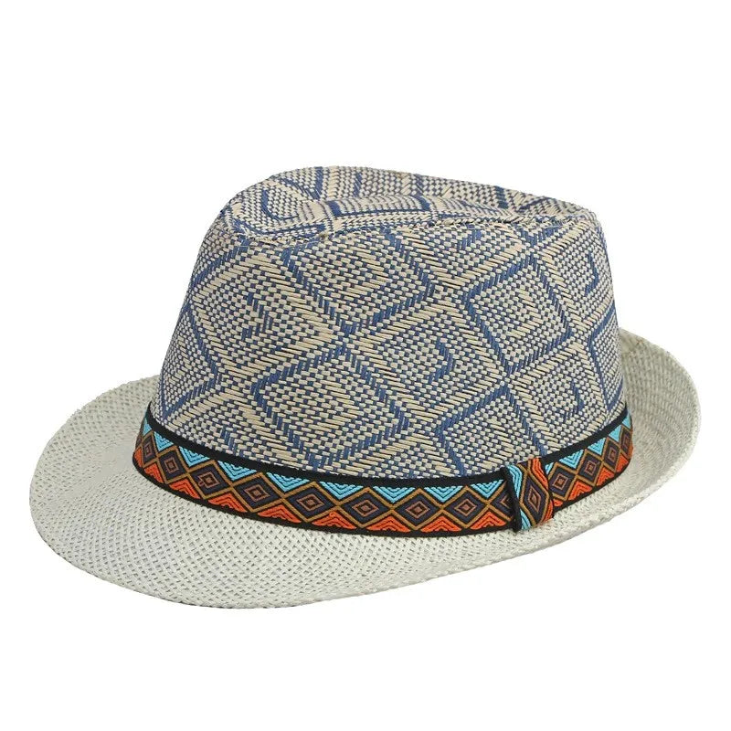 Retro Sonnenhut – Britischer Top Hat Stil, Geometrischer Strohhut mit Gürtel, Unisex Strand & Partner Fedoras