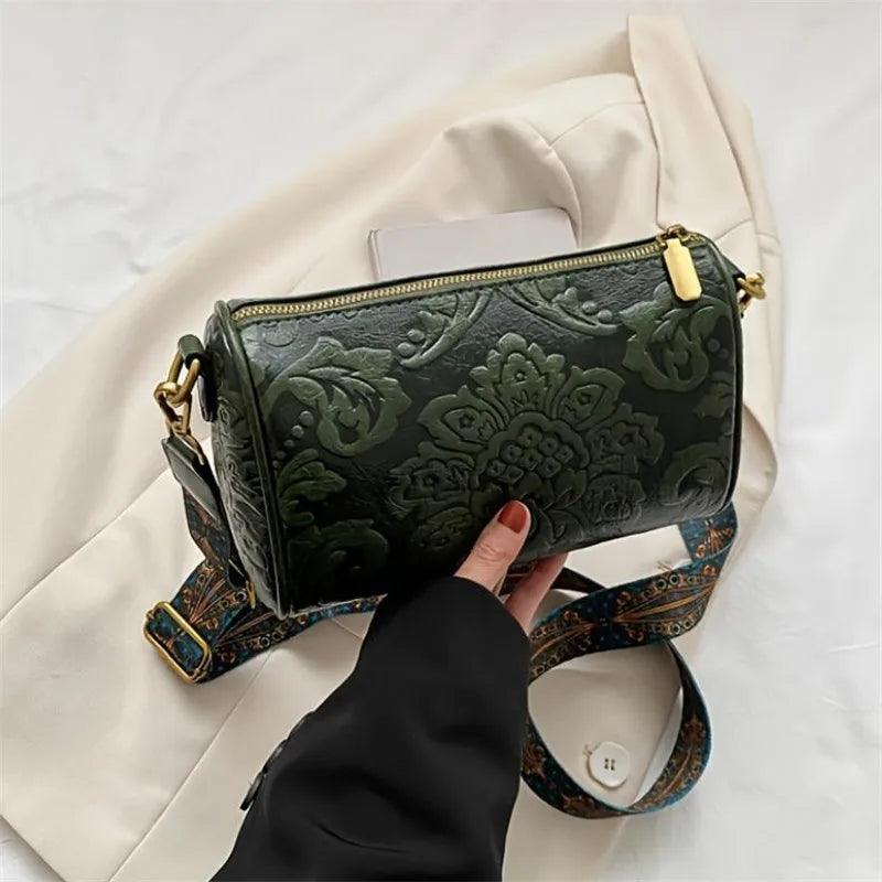 Retro Bestickte Blumen Leder Schultertasche – Klassische Zylinder Crossbody Handtasche für Damen | Alltag, Arbeit & Party Kaufschwan®