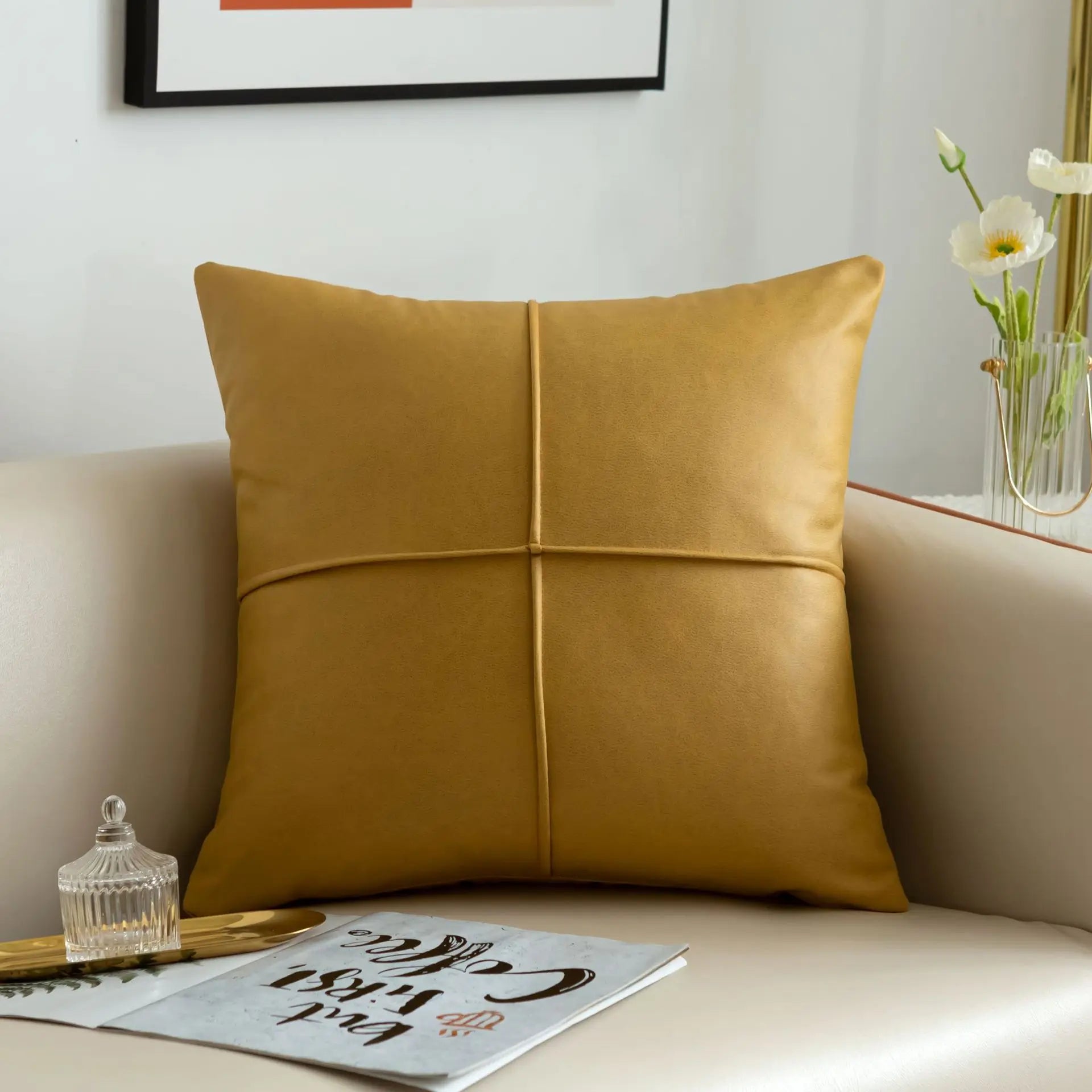 Luxus Kunstleder Dekokissen | Rechteckiges Sofakissen für Wohnzimmer Kaufschwan® Gelb 45x45cm