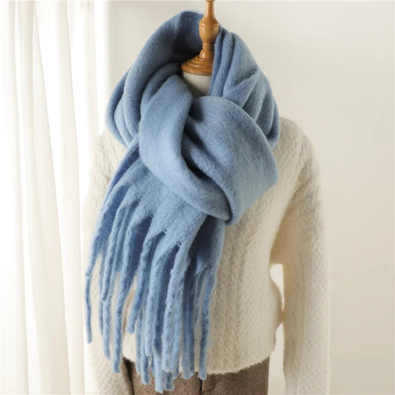 Winter Schal für Damen | Kaschmir-Optik Pashmina Tuch | Weiches Warmes XXL Umschlagtuch mit Fransen & Poncho-Stil Kaufschwan® Hellblau