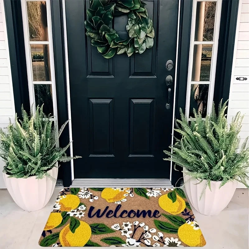 Willkommensmatte – Zitronen- und Blumenmuster mit „Welcome“-Schriftzug, Langlebige Matte für Innen- und Außenbereich Kaufschwan®