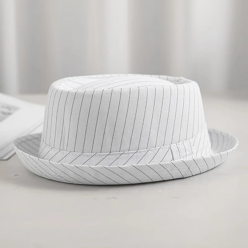 Klassischer gestreifter Fedora Hut – Kurzkrempiger Woll-Jazzhut für Damen & Herren, Schwarz-Weiß Streifen, Freizeit & Formal Kaufschwan®