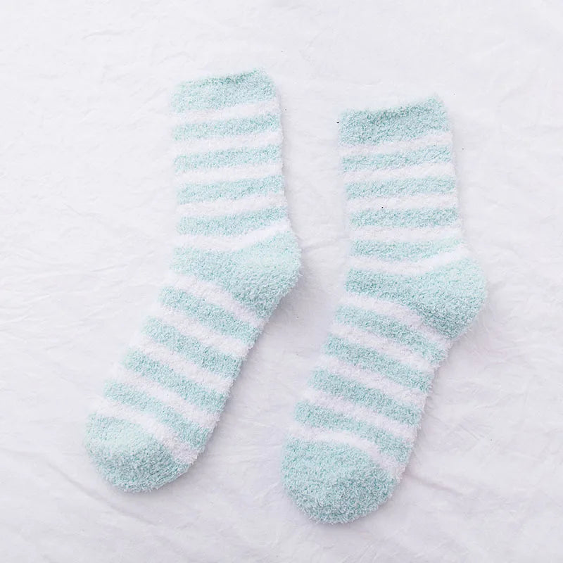 Damen Herbst & Winter Gestreifte Korallenfleece-Schlafsocken | Dicke Warme Wadenlange Haussocken Kaufschwan® Grün Einheitsgröße