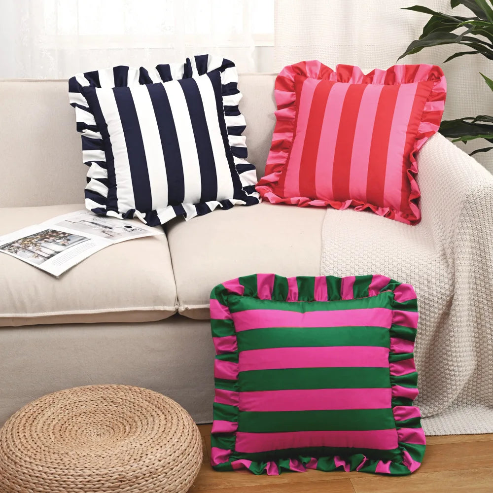 Gestreiftes Samtkissen mit Lotusblatt-Rüsche | Prinzessin Gestreiftes Quadratisches Kissen für Sofa & Stuhl | Wohnraum-Deko 45x45cm Kaufschwan®