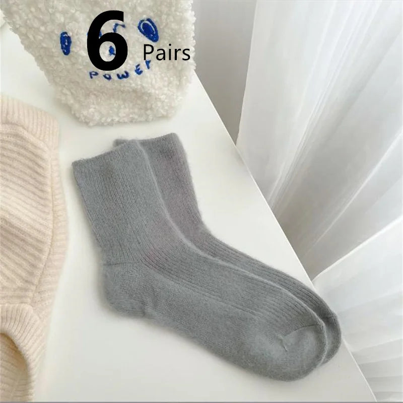 1-12 Paare Damen Herbst Winter Dicke Warme Mittellange Socken | Modische Macaron Farbige Flauschige Bequeme Freizeit Socken Kaufschwan® 6 Paare - Grau Einheitsgröße