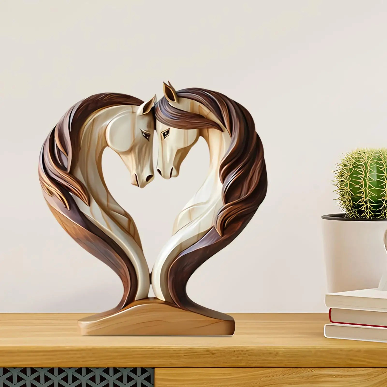 2D Holz Pferde Skulptur – Tierornament in Kuschelpose für Tisch, Arbeitsplatz, Zuhause und Kinderzimmer Kaufschwan®