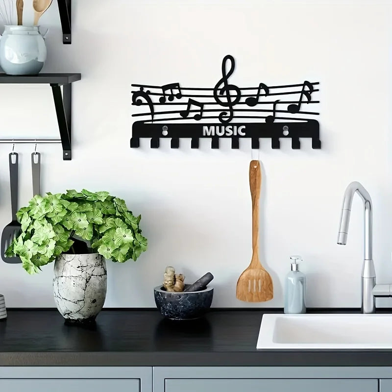 Kreativer Schlüsselhalter mit Musiknoten – Schwarzer Wandhaken aus Eisen | Dekorativer Organizer für Schlüssel, Taschen & Wohnaccessoires