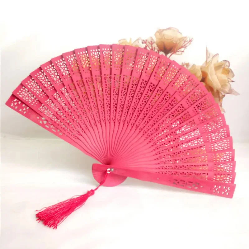 Vintage Hohl geschnitzter Räucherholz Faltfächer | Handgefertigter Bambusfächer | Antikes Kunsthandwerk Kaufschwan® Pink