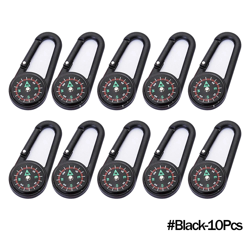 Outdoor Kompass Karabiner Schlüsselanhänger – Mini Camping Buckle für Bergsteigen, Wandern, Rucksäcke & Survival | Kinder Geschenkclip mit Kompass Kaufschwan® Schwarz – 10 Stück