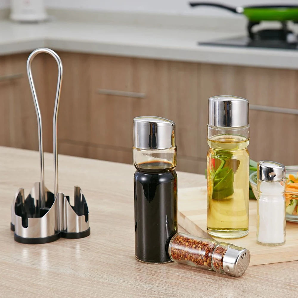 4-in-1 Gewürzflaschen Set mit Halter – Öl- & Essigspender, Salz- & Pfefferstreuer | Glas Cruet Set mit Ständer Kaufschwan®