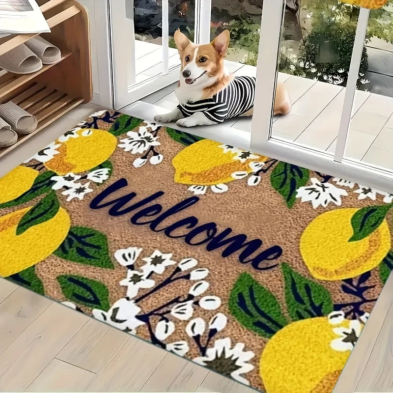 Willkommensmatte – Zitronen- und Blumenmuster mit „Welcome“-Schriftzug, Langlebige Matte für Innen- und Außenbereich Kaufschwan®