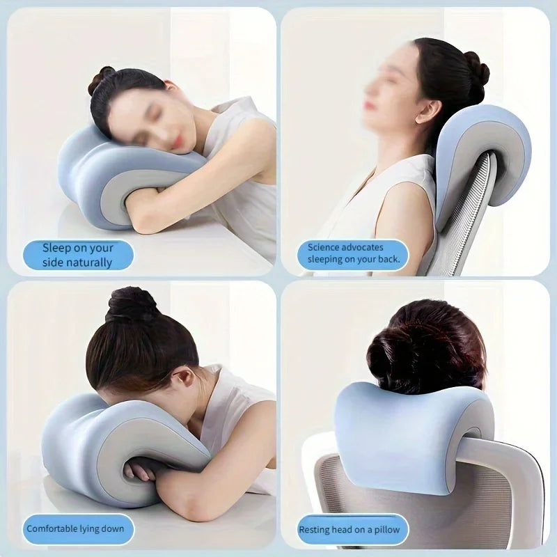 Ergonomisches Büro-Nackenkissen | Für Rückenlage & natürlichen Schlaf | Tragbares hellblaues Nackenstützkissen mit verstellbarem Gurt Kaufschwan®