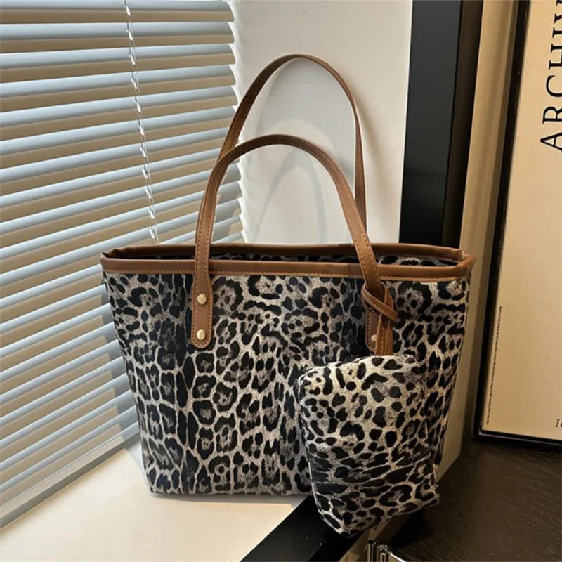 Leopardenmuster Tote Bag mit Beutel – Stylische Kunstleder Schultertasche | Große Kapazität Shopping Bag für Damen Alltag Kaufschwan®