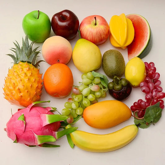 Kunststoff Simulationsfrüchte Set – Künstliche Früchte mit Wassermelone, Apfel, Orange, Birne, Zitrone, Mango, Pfirsich, Traube & Banane Kaufschwan®