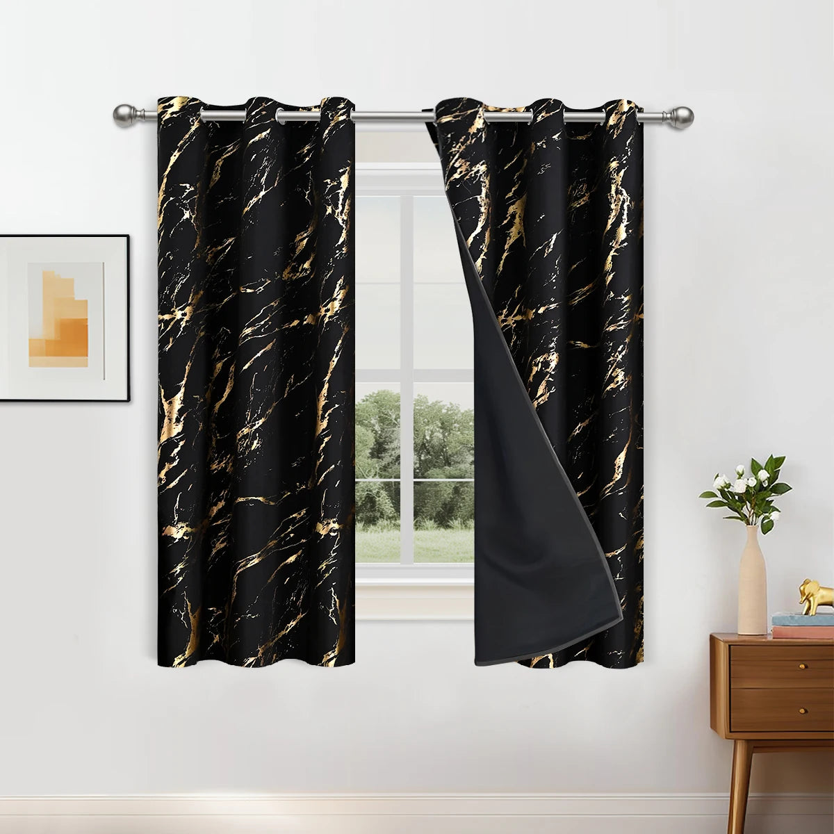 100% Verdunkelung Luxus Marmor Vorhang Set mit Goldfolie und Präziser Verarbeitung – Premium Wohn Deko Kaufschwan®