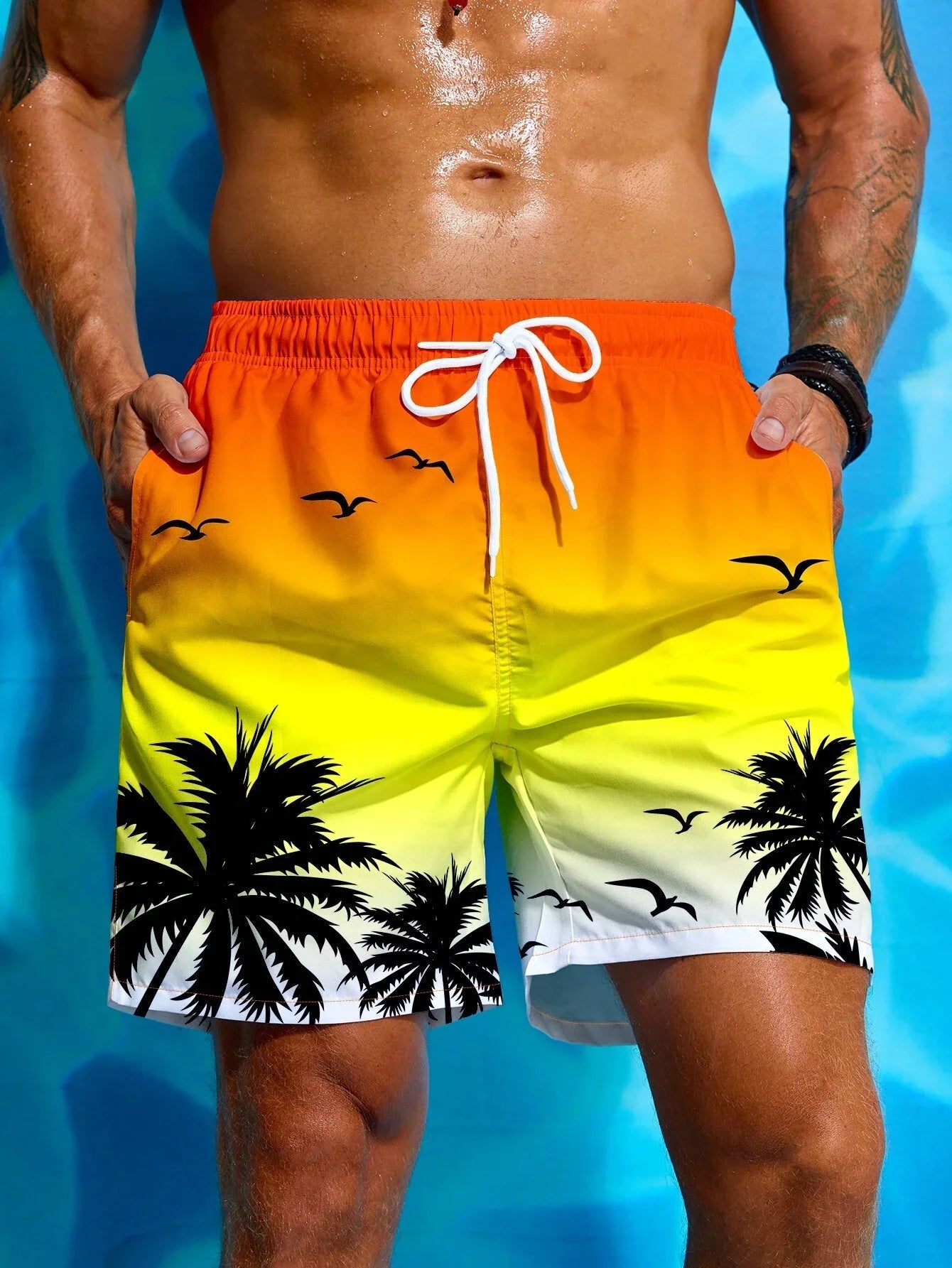 Herren Badeshorts mit Palmenmuster – Sommer Boardshorts mit Kordelzug | 3D Druck Atmungsaktive Strandshorts Streetwear