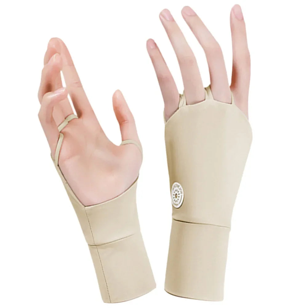 Damen Halbfinger UV-Schutz Handschuhe – Atmungsaktive Ice Silk Golfhandschuhe | Elastische Outdoor Sonnenschutz Fitness Handschuhe Kaufschwan® Beige