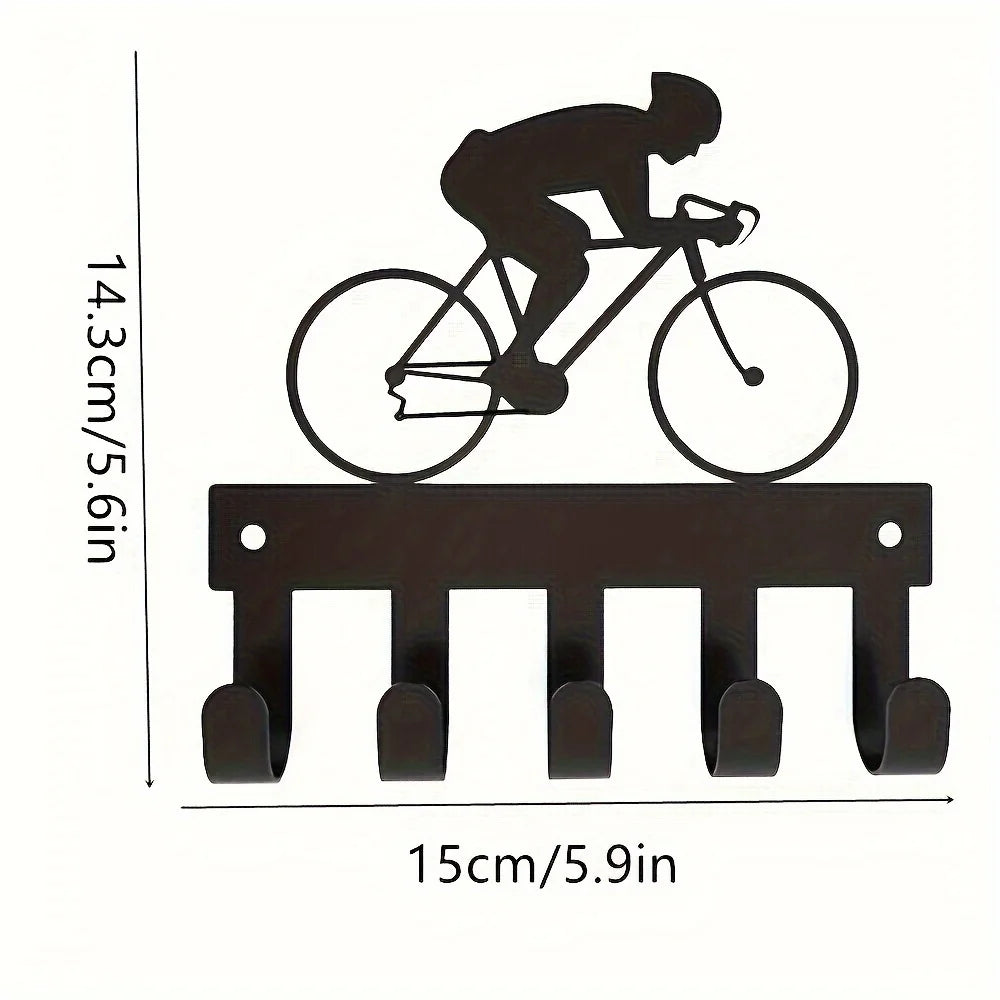 Schwarzer Metall Schlüsselhalter für die Wand – Klebender Schlüssel Organizer mit 5 Haken | Dekorativer Fahrrad & Reiter Hakenhalter