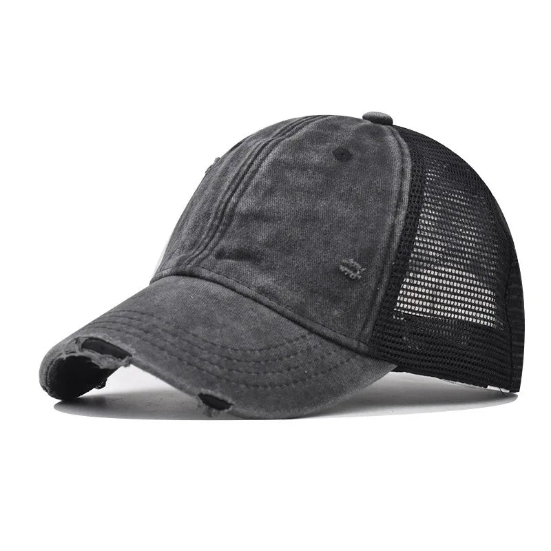 Washed Cotton Mesh Baseballkappe | Vintage Ripped Leichte Kappe für Herren & Damen | Atmungsaktive Frühlings- & Sommermode Kaufschwan® Schwarz