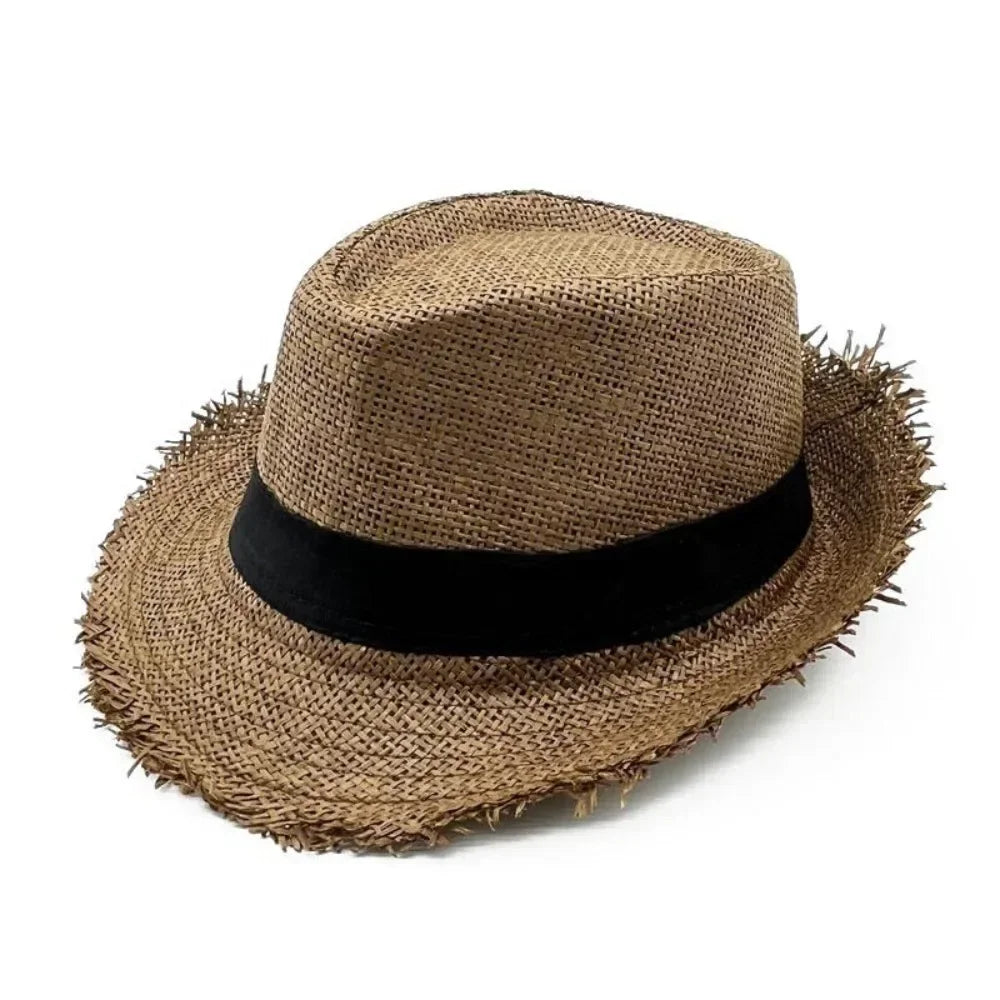 Strohhut für Damen & Herren – Atmungsaktiver Cowboy Sonnenhut mit breiter Krempe, Sommer Beach Jazz Cap Kaufschwan® Kaffee
