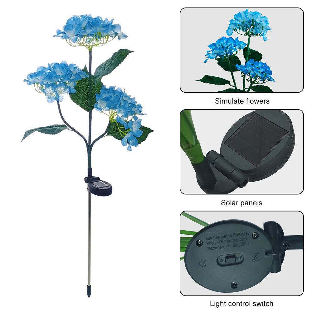 Solar LED 3-Kopf Hortensien-Rosenblumenlampe – Außen Garten, Rasen, Terrasse & Wegdekoration Kaufschwan®