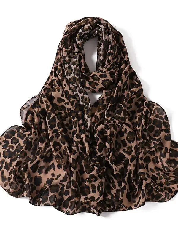 Sommer Boho Chiffon Hijab – Leopard & Aquarell Muster | Ultraleichter Atmungsaktiver Muslimischer Schal für Strand & Reisen Kaufschwan® Dunkelbraun