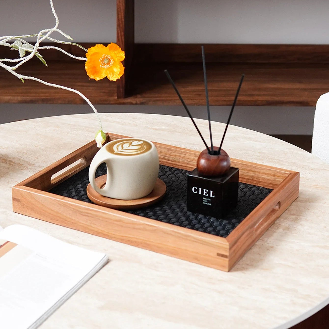 Leder-Tablett mit Bambusmuster & Akazienholz – Dekoratives Schmuck- & Aromatherapie-Tablett für Zuhause & Geschenkideen