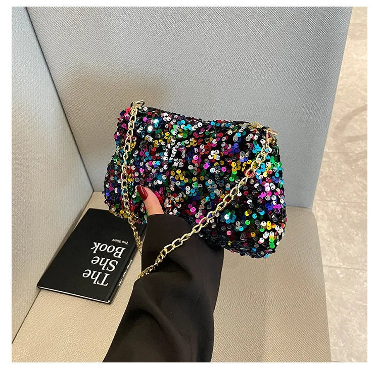 Pailletten Crossbody Kettentasche – Einfarbige Schultertasche, Underarm Bag & Abend Clutch Handtasche für Damen Kaufschwan®