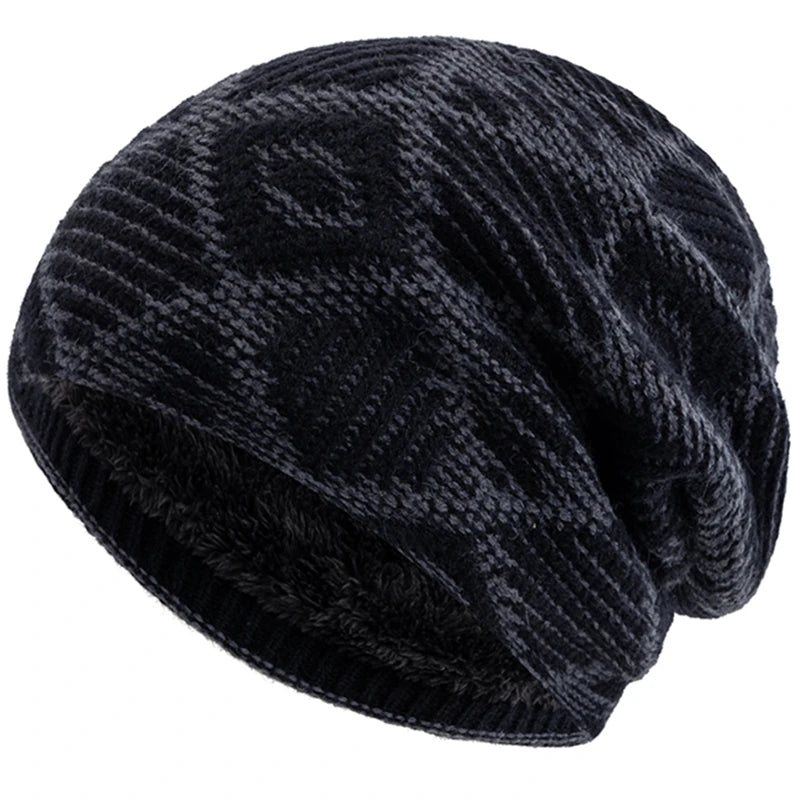 Unisex Winter Mütze – Farbblockierte Diamant-Strickmütze mit Plüschfellfutter | Warme Outdoor-Mütze für Damen & Herren Kaufschwan® Schwarz 56cm-60cm