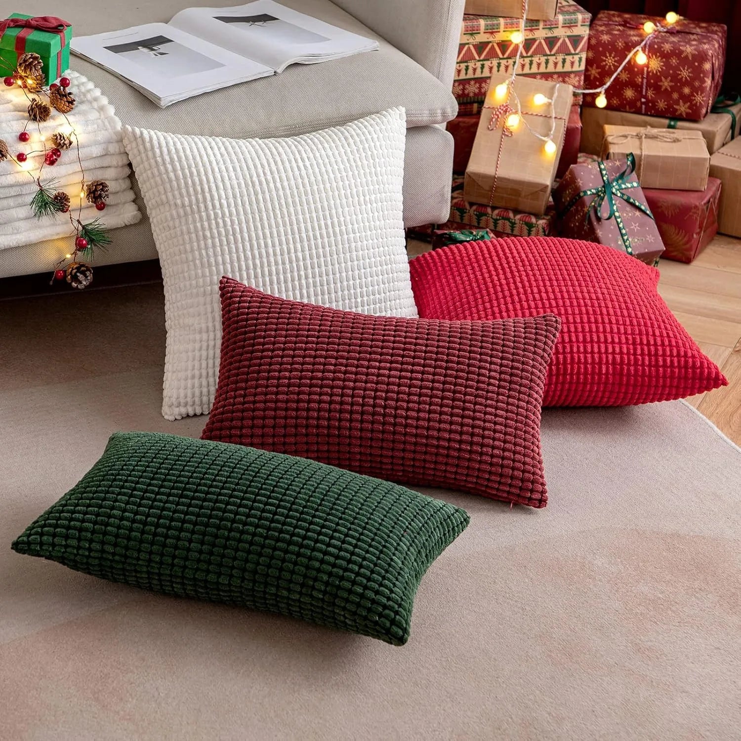 Rote Kissenbezüge | Dekorative Cord-Kissenhüllen | Weihnachts-Deko für Zuhause Kaufschwan®