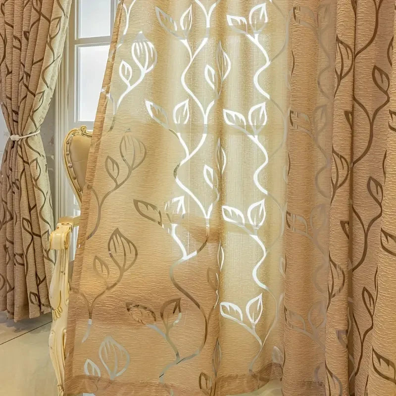 Bestickter Blatt Transparenter Vorhang mit Hohlausschnitt Stangentasche für Wohnzimmer Büro Dekoration Kaufschwan® Beige W132cm x H250cm 1Pc