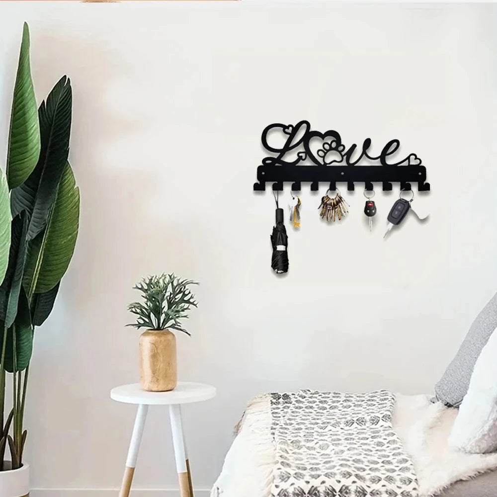 LOVE Metall Schlüsselhalter – Schwarzer Wandhaken aus Eisen mit 10 Haken | Dekorative Organizer-Leiste für Handtücher, Taschen, Kleidung, Caps & Schlüssel