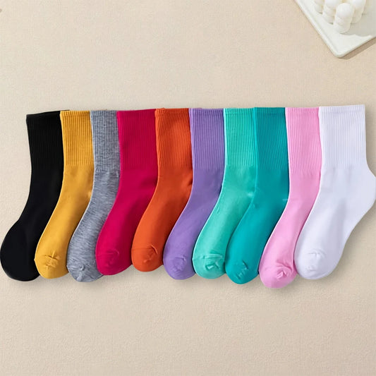 10 Paare Damen Rundhals-Socken | Mehrere Einfarbige Farben | Schlichte, Modische & Vielseitige Mittellange Freizeit-Socken Kaufschwan® 10 Paare Bunt Einheitsgröße
