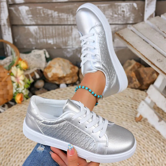 Damen Sneaker in Gold & Silber – Übergröße 42 | Frühling & Herbst Schnürschuhe aus Weichem PU Leder | Modische Freizeitschuhe Kaufschwan® Silber 36