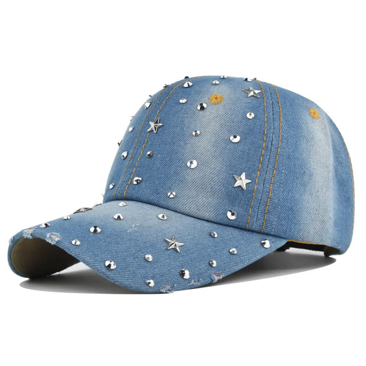 Denim Baseballkappe Damen | Gewaschener Vintage-Hut mit Rivet Star | Snapback Sonnenhut für Damen & Herren | Sommer Outdoor Freizeit Kaufschwan® Blau