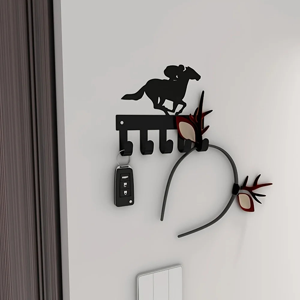 Schwarzer Metall Schlüsselhalter für die Wand – Klebender Schlüssel Organizer mit 5 Haken | Dekorativer Fahrrad & Reiter Hakenhalter