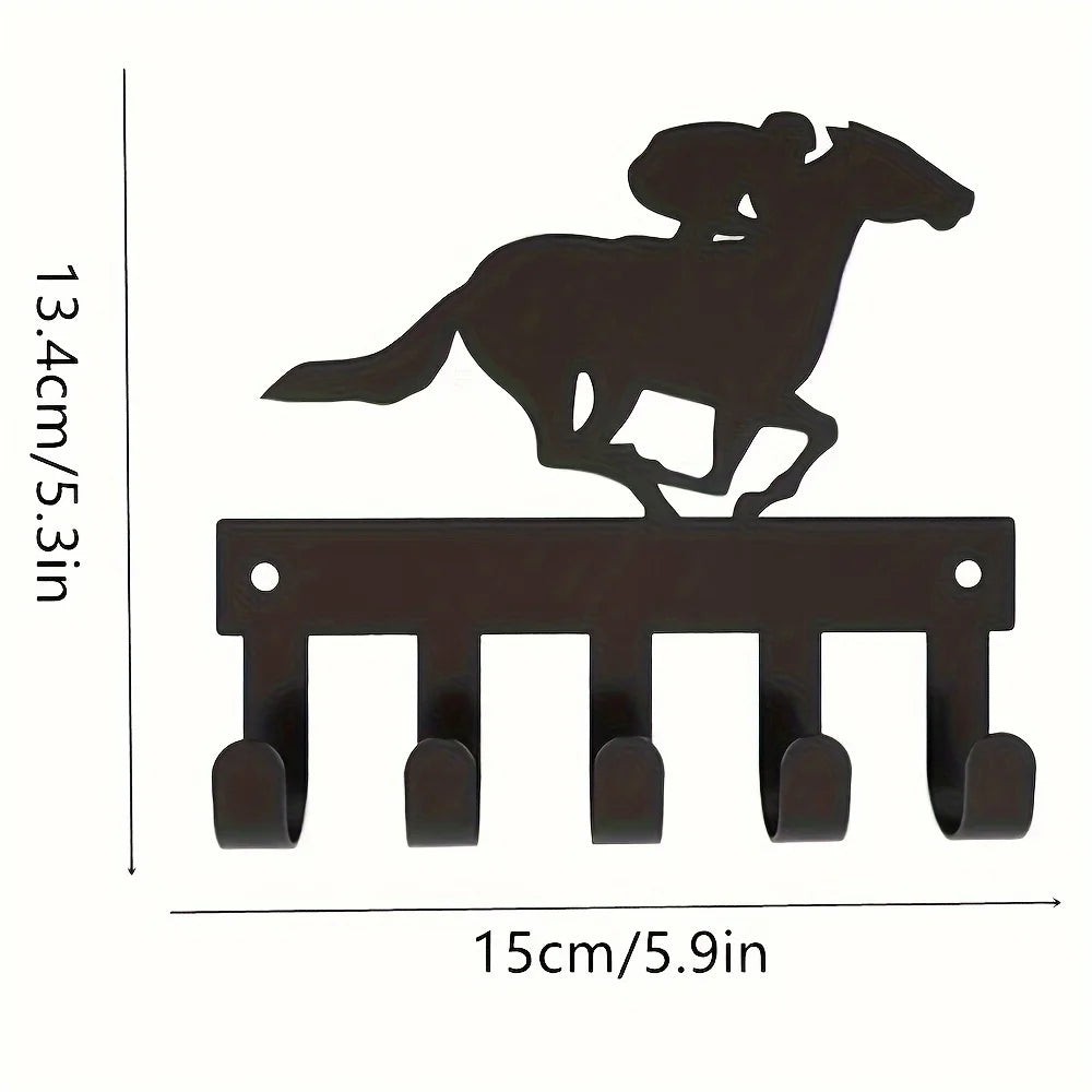 Schwarzer Metall Schlüsselhalter für die Wand – Klebender Schlüssel Organizer mit 5 Haken | Dekorativer Fahrrad & Reiter Hakenhalter