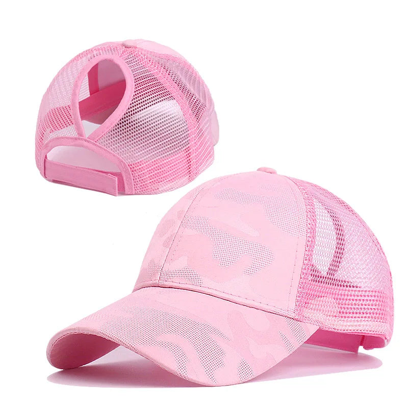 2024 Neue Sommer Camouflage Mesh Trucker Hut | Damen Snapback Baseballkappe | Messy Hair Bun & Ponytail Freundlich Kaufschwan® Rosa