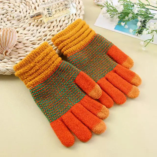 Damen Kaschmir Optik Strickhandschuhe – Warme Winterhandschuhe mit Touchscreen | Verdickte Vollfinger Handschuhe für Herbst & Winter Kaufschwan® Orange-Grün Einheitsgröße