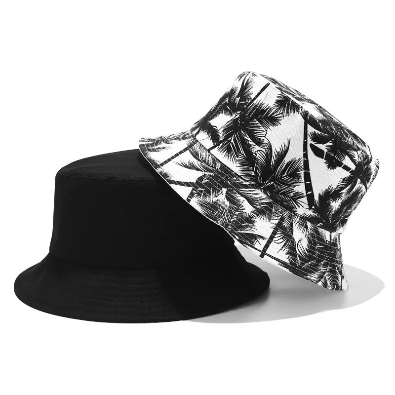 Palmen Design Hut - Wendehut für Damen & Herren – Baumwoll Fischerhut mit Palmen-Print, Streetwear Sonnenhut Kaufschwan® Schwarz