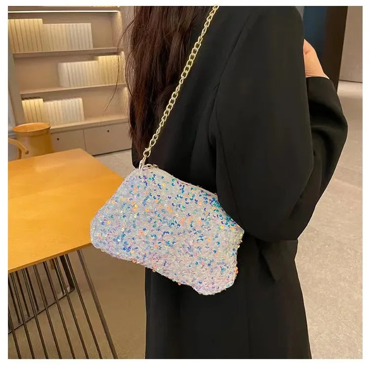 Pailletten Crossbody Kettentasche – Einfarbige Schultertasche, Underarm Bag & Abend Clutch Handtasche für Damen Kaufschwan®